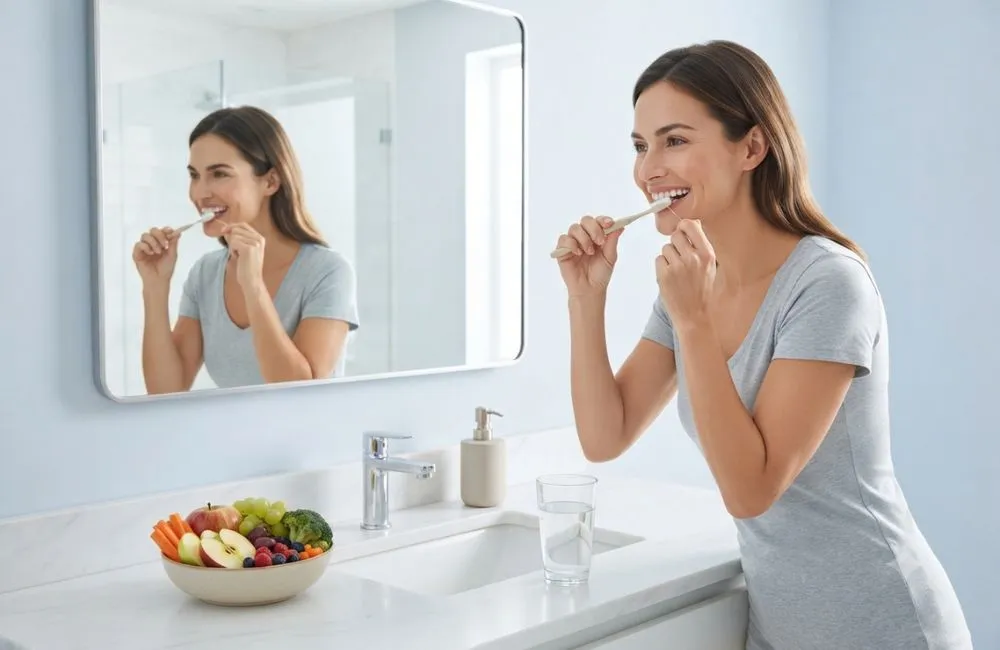 Adult brushing teeth and practising daily habits that help protect gum health