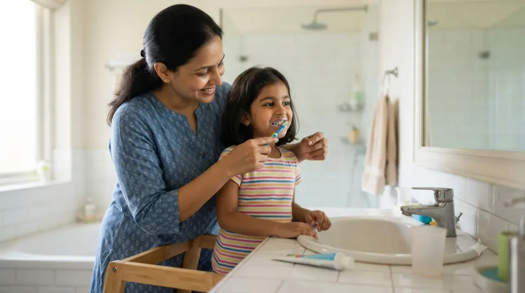 Parent helping a child brush their teeth